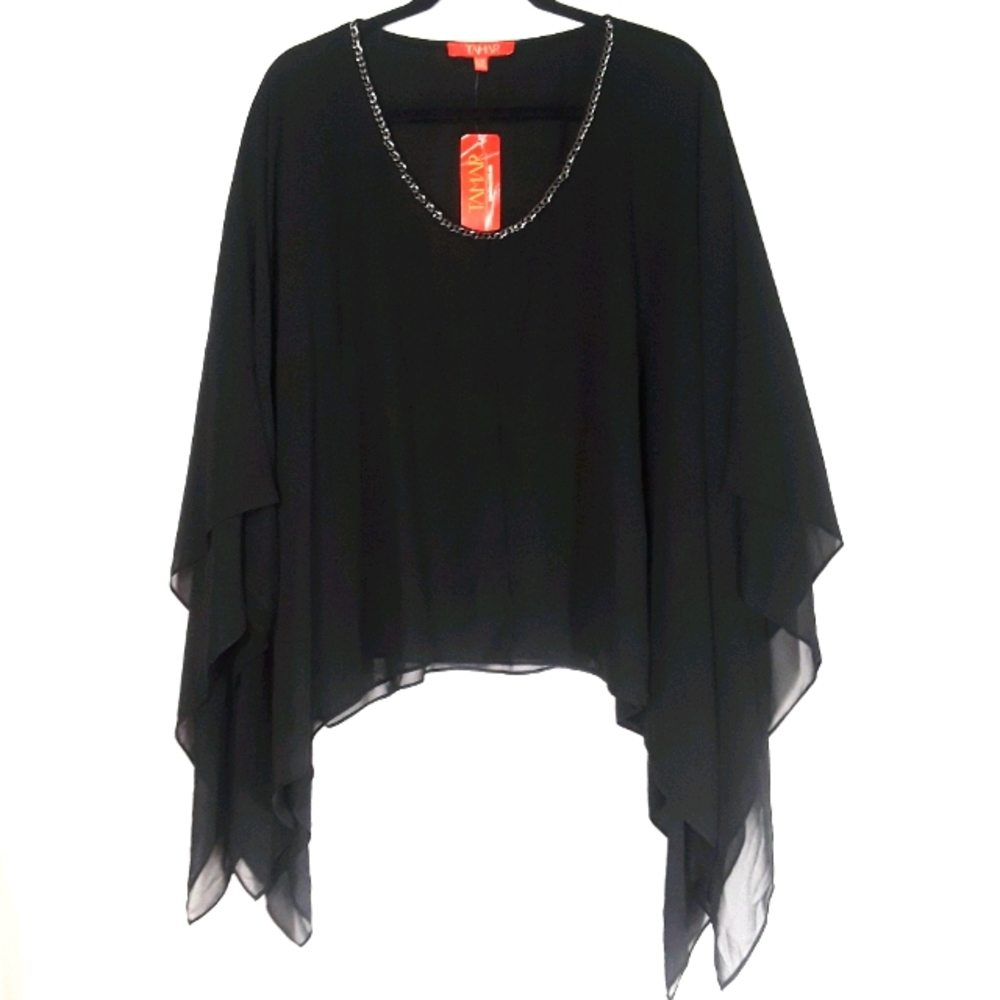 TAMAR COLLECTION Black Silver Color Chain Neck Semi Sheer Layer Top NWT XXL